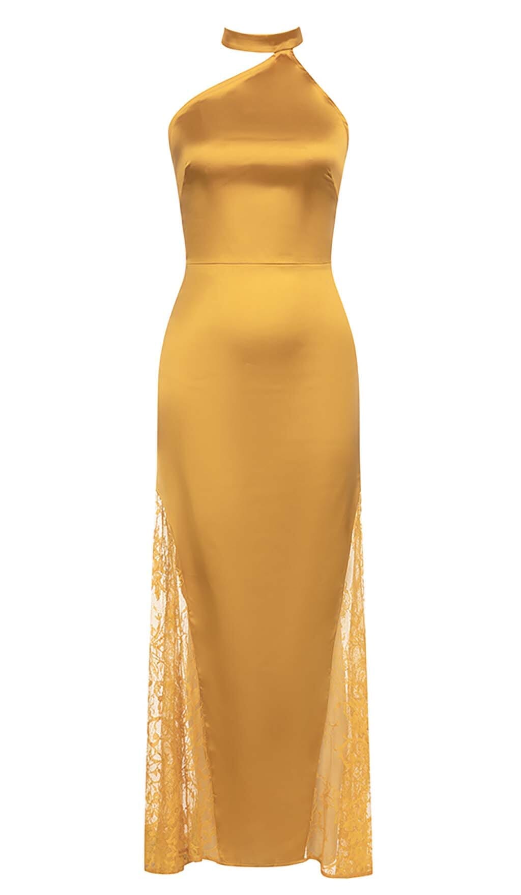 Halter Lace Satin Maxi Dress In Mustard Sis Label Latest Party Wear 2023