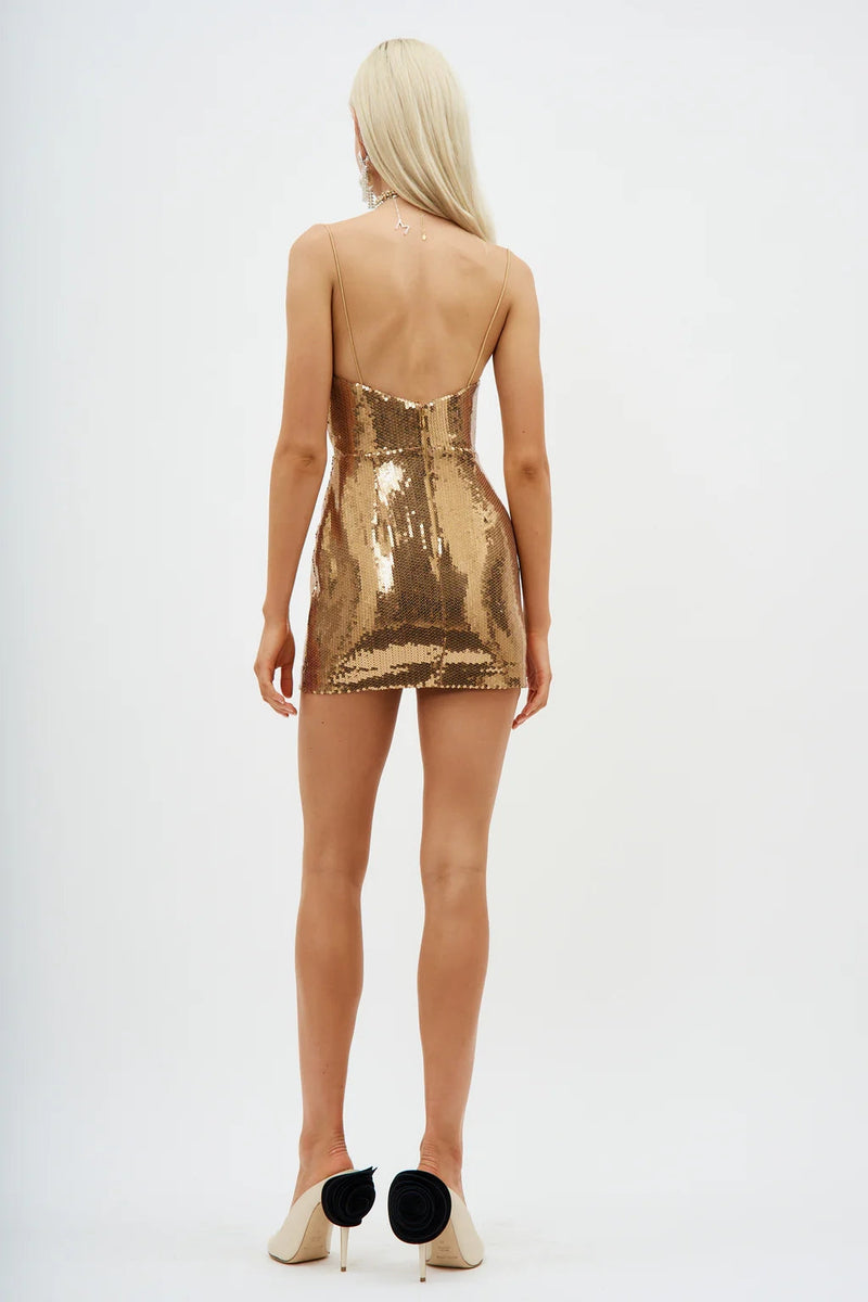 DRAPED SEQUINED TULLE MINI DRESS IN GOLD