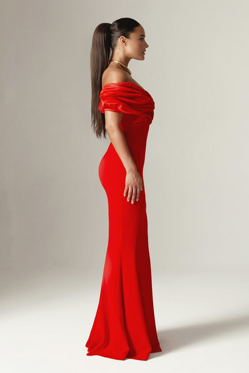 Sophia Off Shoulder Ruched Maxi Slit Dress in red