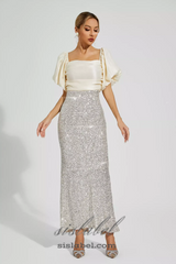 MARIA APRICOT BOW SEQUINS EMBELLISHED MAXI DRESS