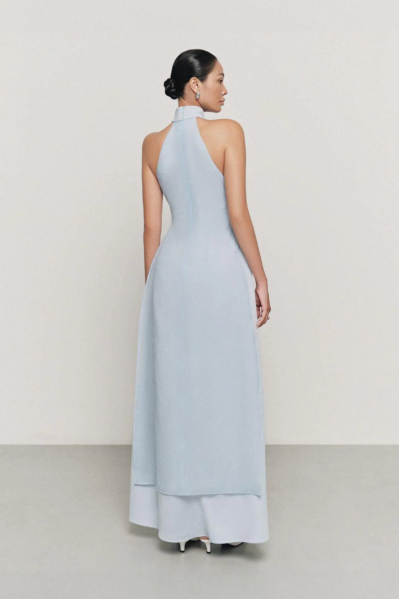 Yen Layered High Neck Floss Silk maxi Dress in blue