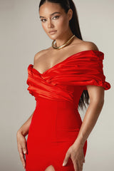 Sophia Off Shoulder Ruched Maxi Slit Dress in red