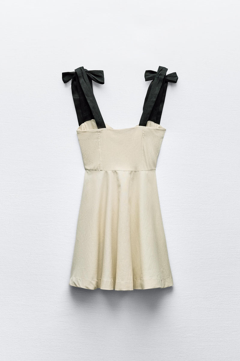 linen blend mini dress with contrast bows