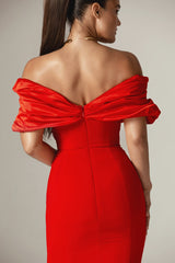 Sophia Off Shoulder Ruched Maxi Slit Dress in red