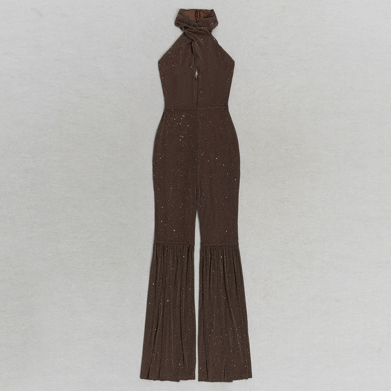 HALTER NECK BACKLESS FLARE LEG JUMPSUIT IN BROWN