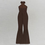 HALTER NECK BACKLESS FLARE LEG JUMPSUIT IN BROWN