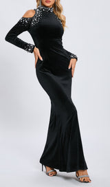 sequin embellished long sleeve maxi dress in black