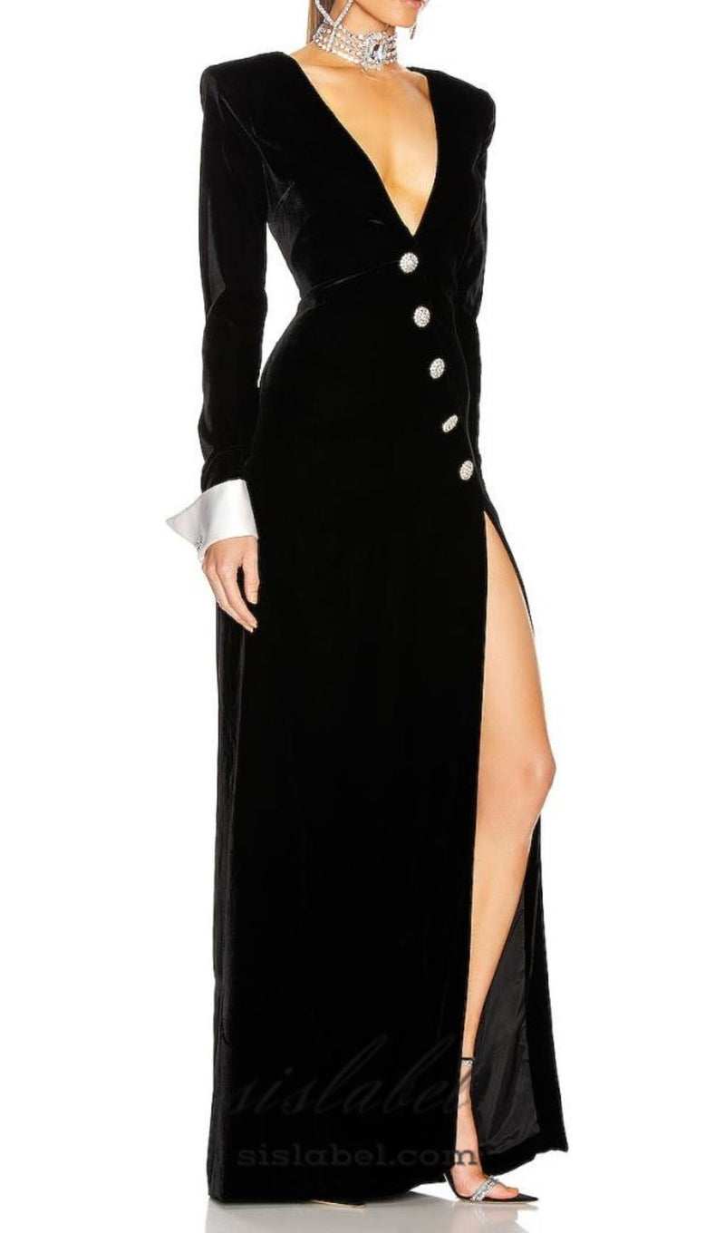 CROWN BLACK LONG SLEEVE V-NECK MAXI DRESS