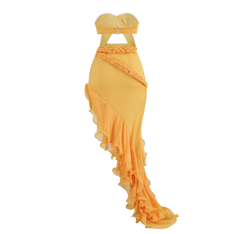 RUFFLE THIGH SLIT MAXI DRESS IN LIGHT ORANGE