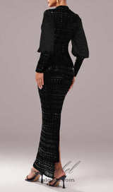 sequin long sleeve maxi dress in black