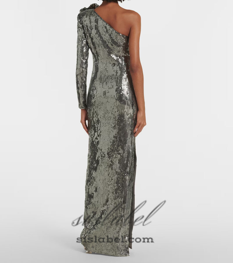 Floral-appliqué sequin gown in silver