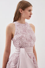 ROSETTE TULLE SATIN WOVEN BELT MIDI DRESS IN PINK