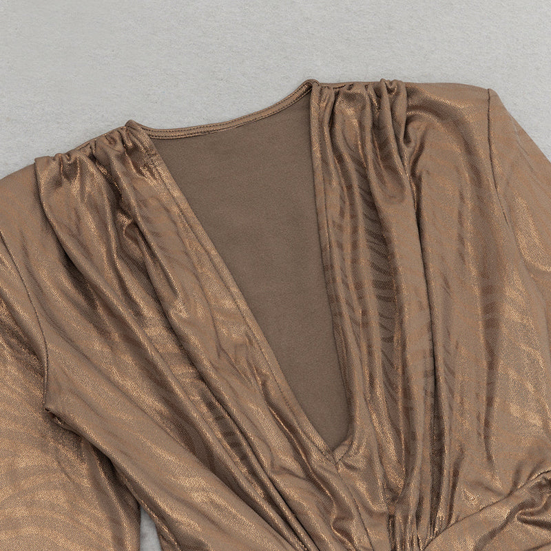 PLEATED HIP WRAP MIDI DRESS IN BROWN