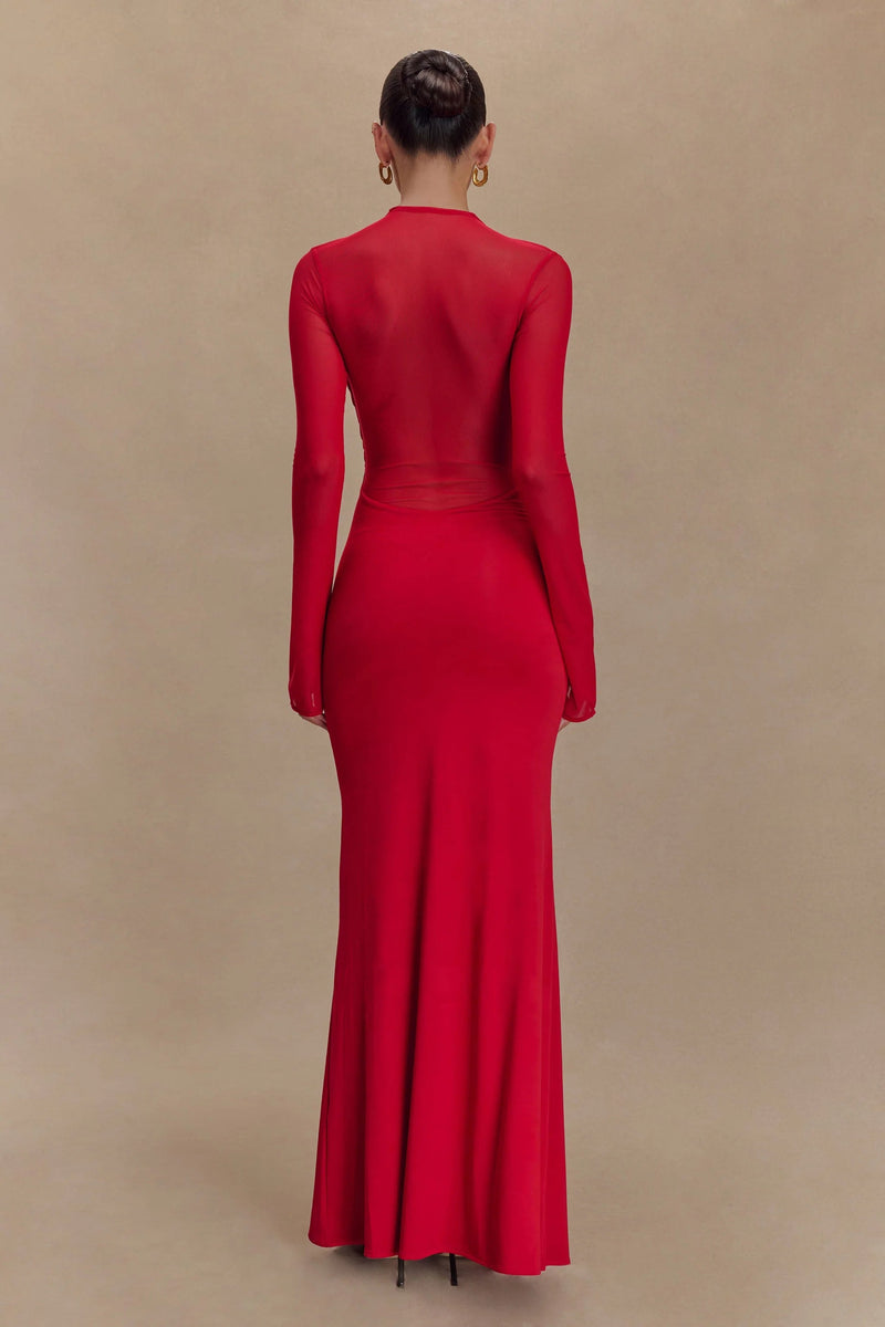 Slinky Mesh Long Sleeve Maxi Dress in Ruby