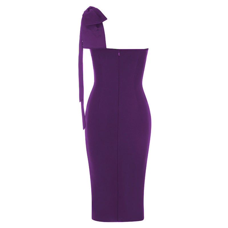 CALISTA PURPLE ONE BOW SHOULDER SPLIT BANDAGE MIDI DRESS