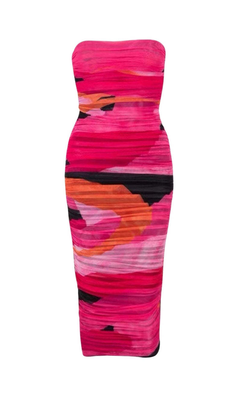 MULTICOLOURED STRAPLESS RUCHED MIDI DRESS