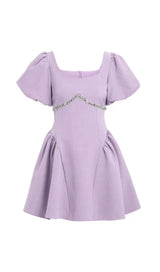 PUFF SLEEVES WAIST-TIGHTENING MINI DRESS IN LILAC