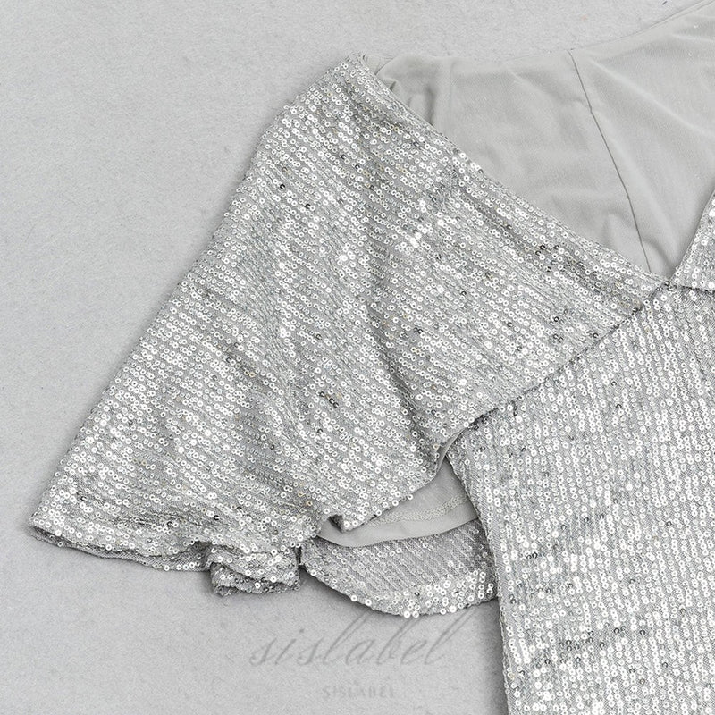 V-NECK SILVER SEQUIN SLIT BODYCON DRESS