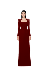 long sleeve trapezoid neckline bodycon  maxi dress in red