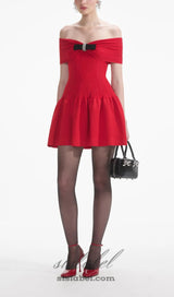 RED OFF-SHOUDER KNIT BOW MINI DRESS