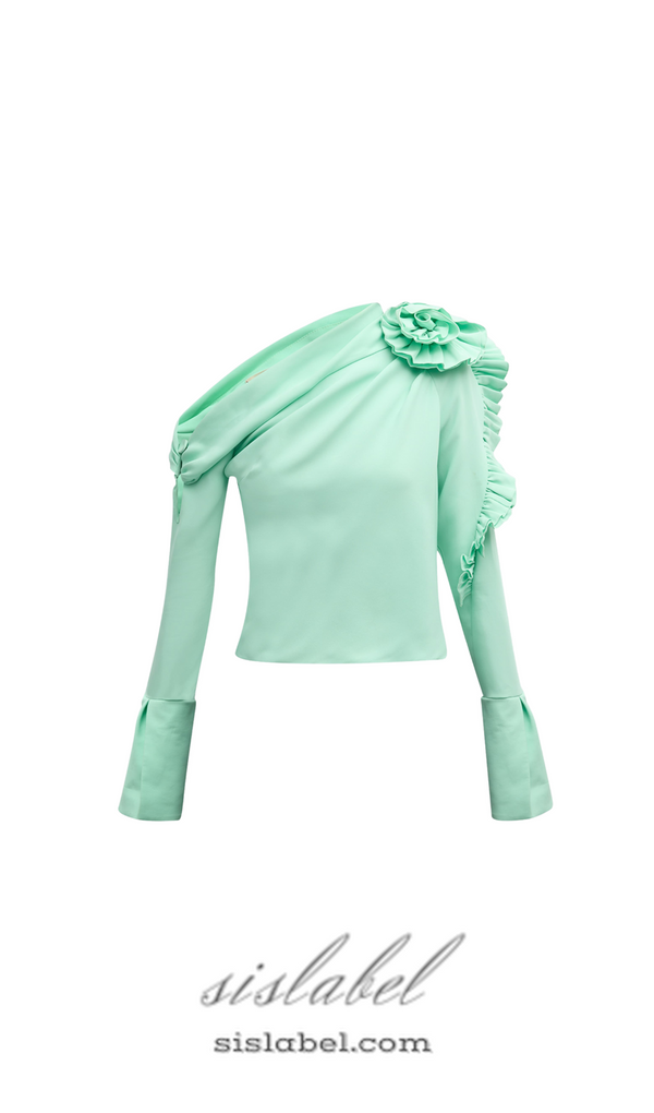 BELLE GREEN RUFFLE ROSETTE ONE-SHOULDER CROP TOP