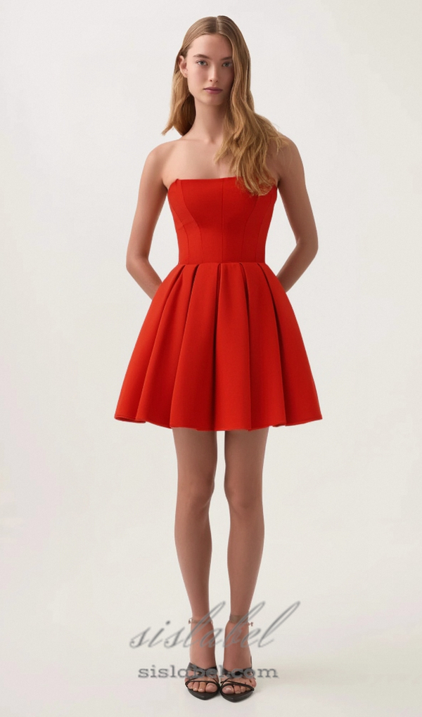 tomato red strapless pleated mini dress