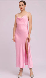 SATIN SLIT MIDI DRESS IN PINK