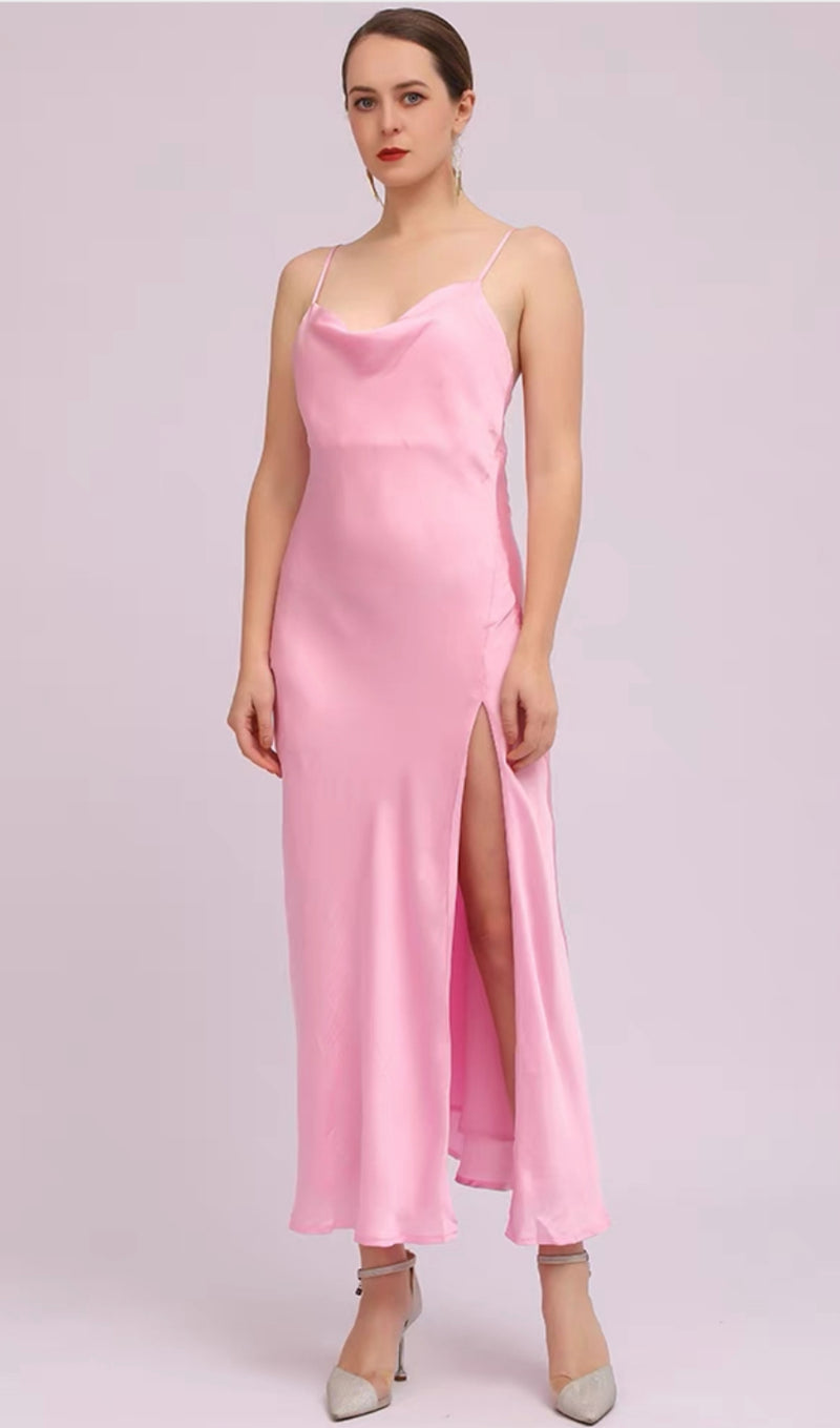 SATIN SLIT MIDI DRESS IN PINK