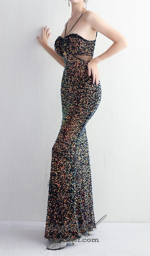 MARIAN CHARCOAL CUTOUT SEQUINS HALTER MAXI DRESS