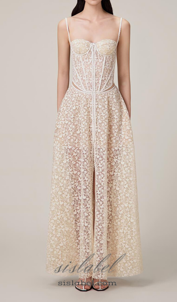 TESS LACE STITCHING HOLLOW SLIT MAXI DRESS IN APRICOT