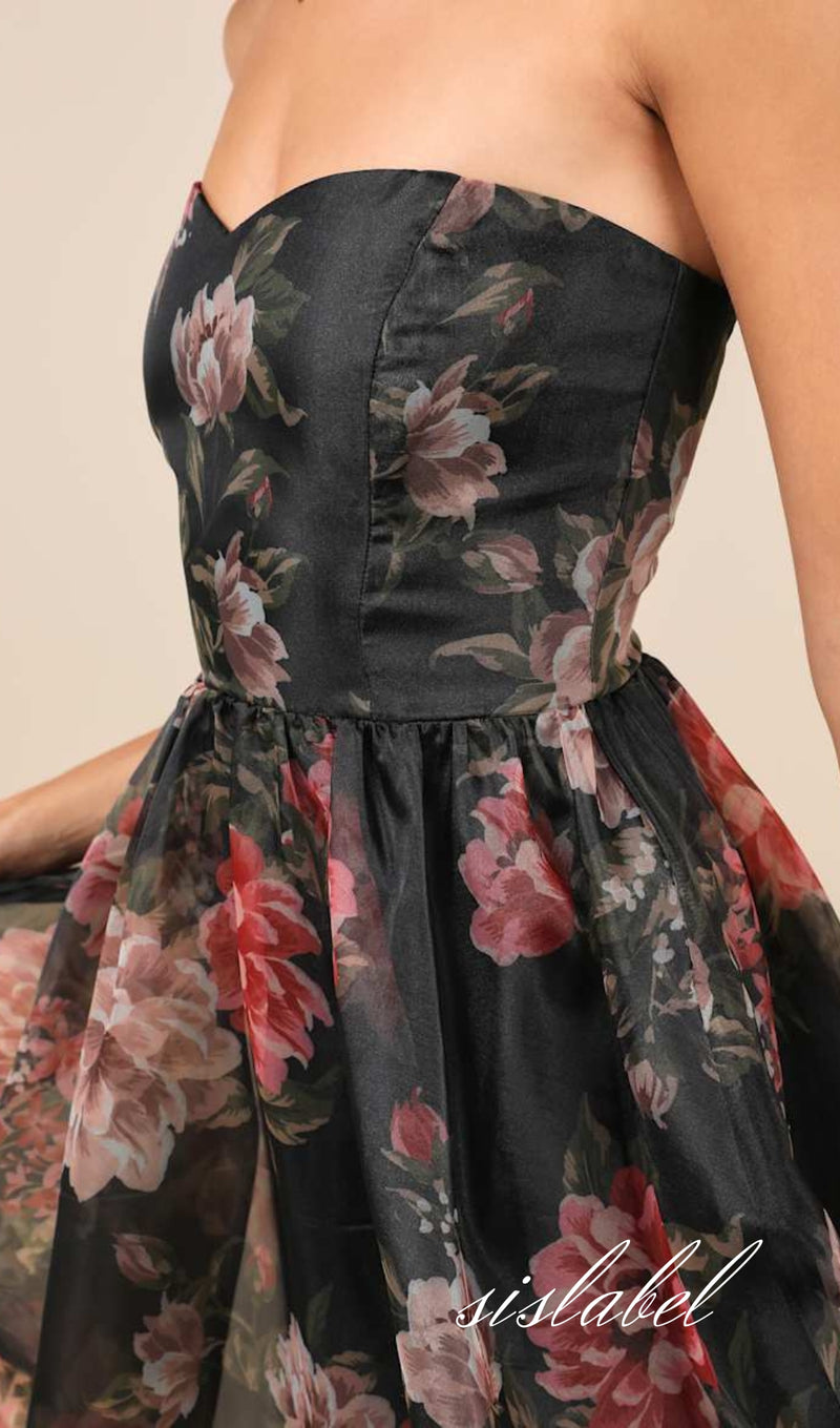 Truly Extraordinary Black Floral Organza Strapless Maxi Dress