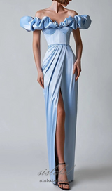 GLADYS BLUE CRYSTAL OFF-SHOULDER MAXI SPLIT DRESS