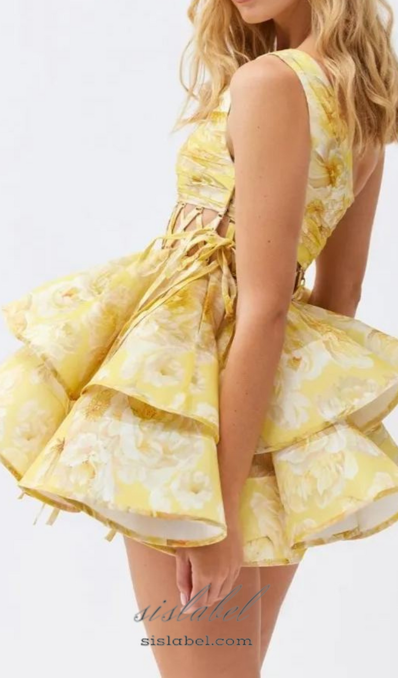 GAIL YELLOW FLORAL PRINTED ONE-SHOULDER MINI CHIFFON DRESS