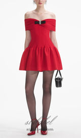 RED OFF-SHOUDER KNIT BOW MINI DRESS