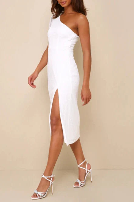 Amazing Glamour White Polka Dot Mesh One-Shoulder Midi Dress