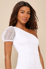 Amazing Glamour White Polka Dot Mesh One-Shoulder Midi Dress