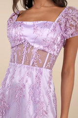 Seriously Cute Lavender Embroidered Mesh Puff Sleeve Mini Dress