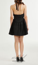 FLORAL APPLIQUÉ HALTER NECK MINI DRESS IN BLACK