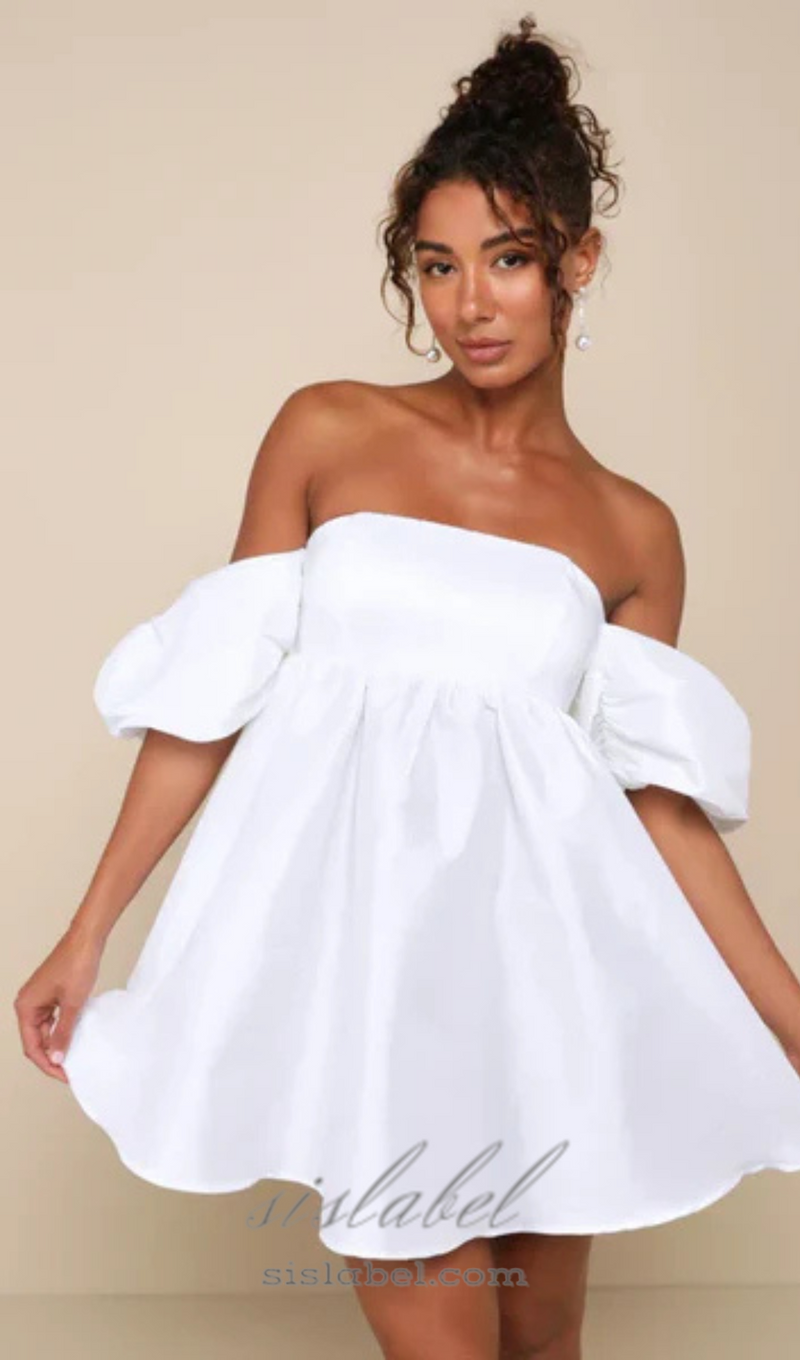 Sweet Vision White Taffeta Off-the-Shoulder Babydoll Mini Dress