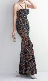 MARIAN CHARCOAL CUTOUT SEQUINS HALTER MAXI DRESS