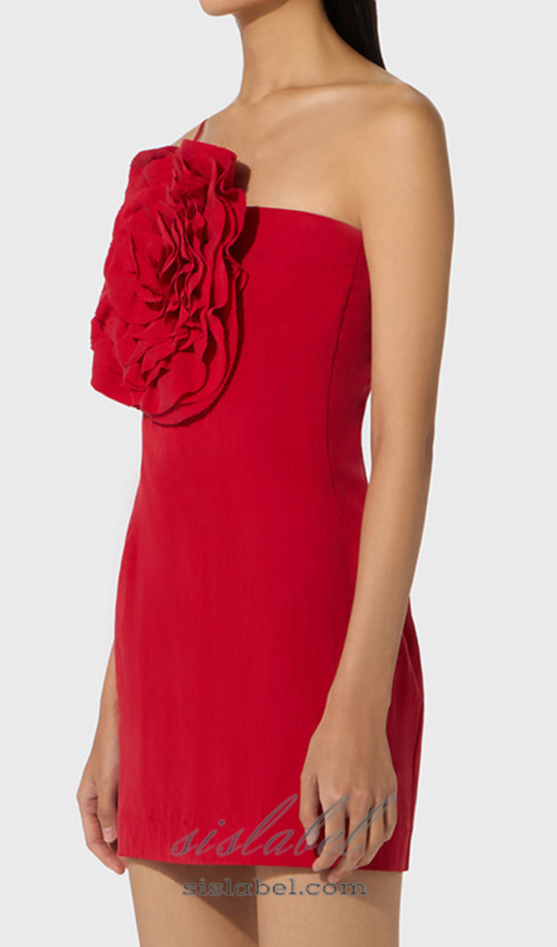 AMITY ONE-SHOULDER FLORAL-APPLIQUÉ MINI DRESS IN RED