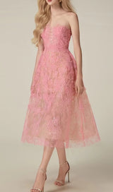 PINK FLORAL LACE EMBROIDER MIDI DRESS