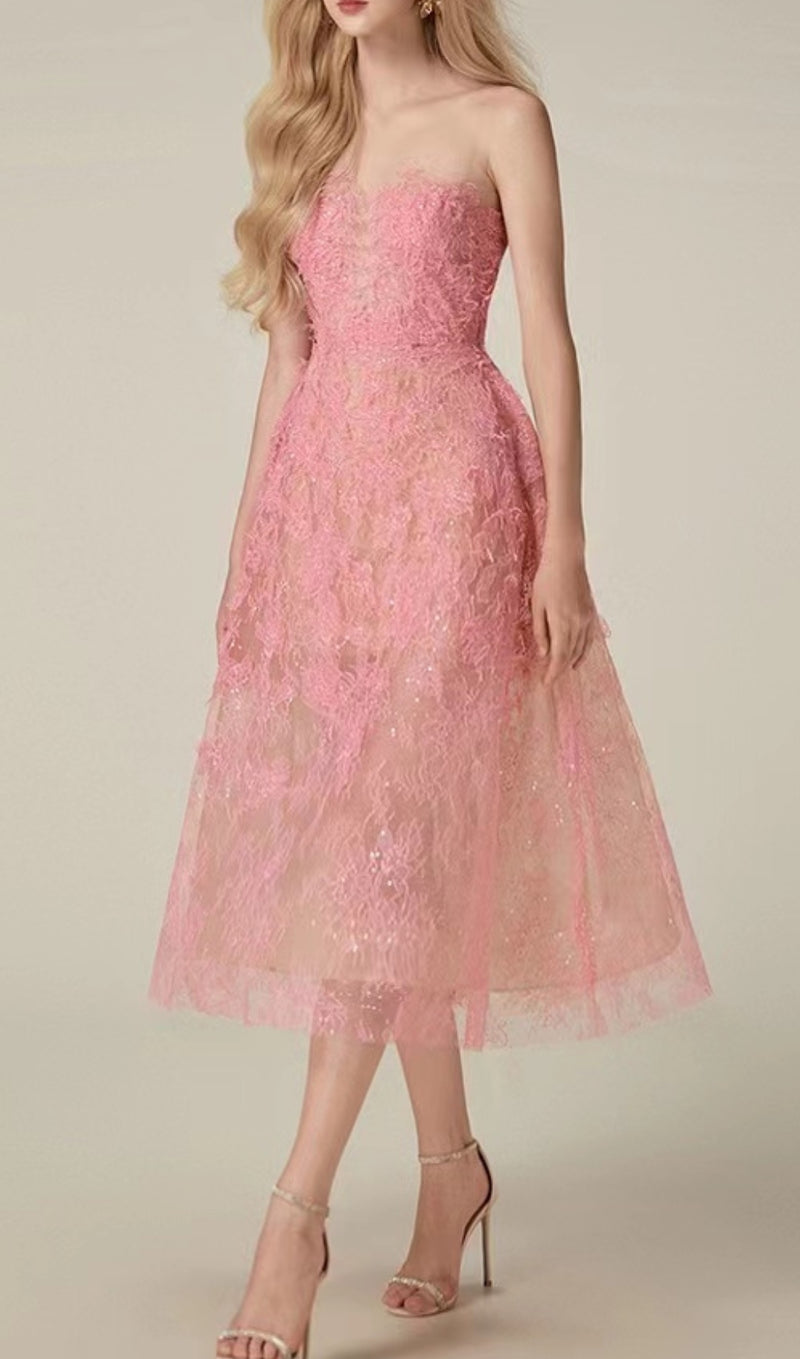 PINK FLORAL LACE EMBROIDER MIDI DRESS