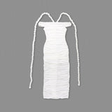 cara white off-shoulder ruched bodycon maxi dress with rope embellished