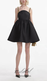 BLACK TAFFETA EMBELLISHED MINI DRESS