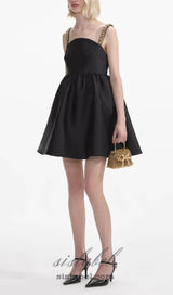 BLACK TAFFETA EMBELLISHED MINI DRESS