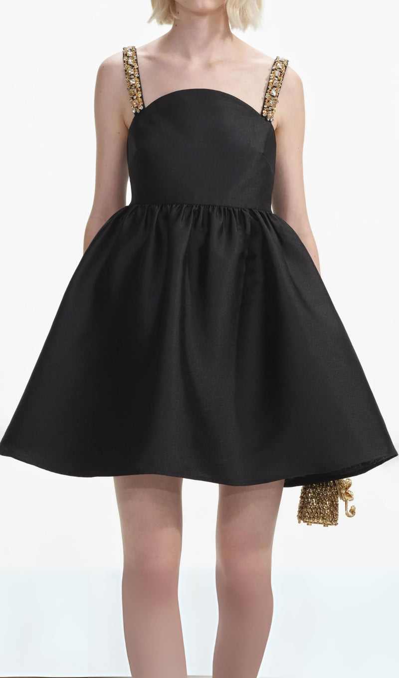 BLACK TAFFETA EMBELLISHED MINI DRESS