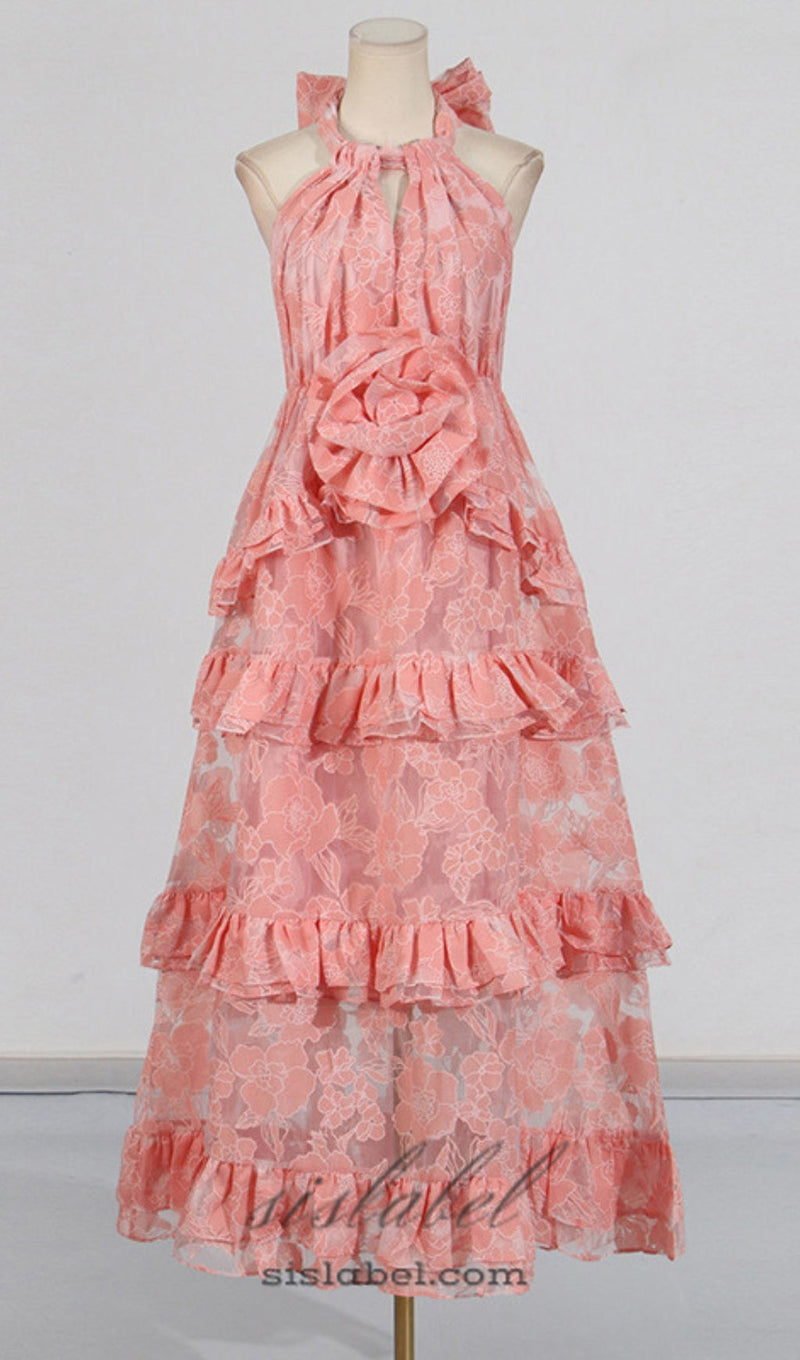 halter flower rruffle maxi dress in pink