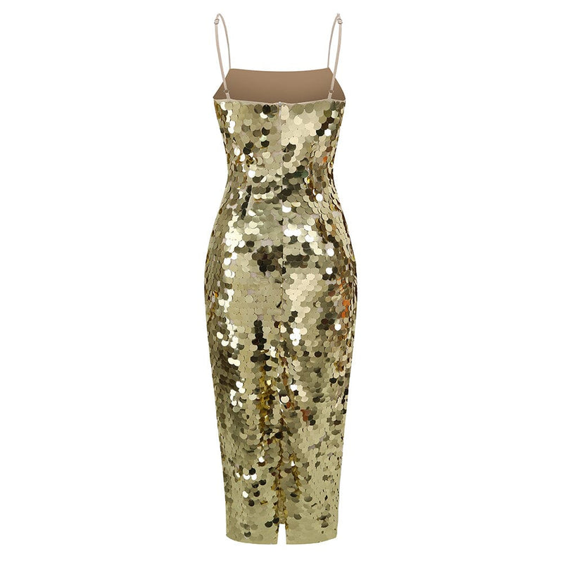 SEQUIN SLIP MIDI DRESS IN METALLIC