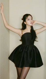 BLACK TAFFETA EMBELLISHED MINI DRESS